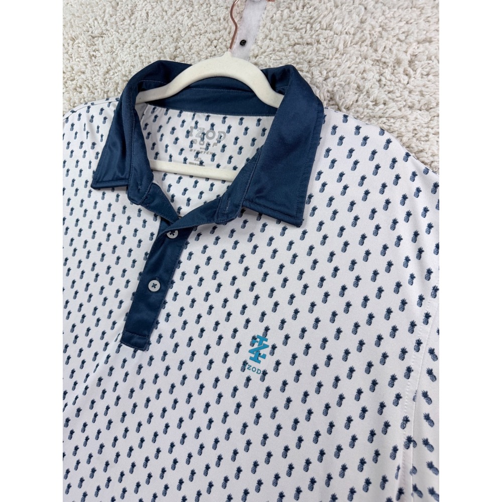 Mens XXL Izod Golf Polo Shirt White Blue Pineapple Print Stretch Performance
